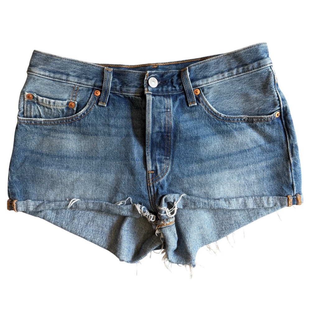Levis‎ 501 Original Cut Off Denim Shorts Medium Wash Blue Button Fly W28